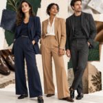 AI-generated collage of two women and a man in contemporary business tailoring, with fabric swatches and leather shoes.