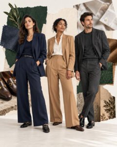AI-generated collage of two women and a man in contemporary business tailoring, with fabric swatches and leather shoes.