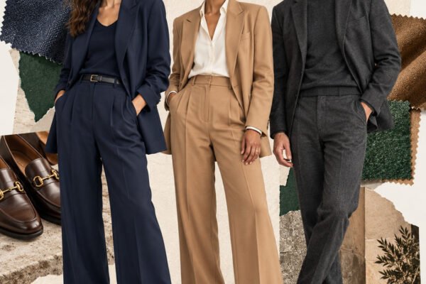 AI-generated collage of two women and a man in contemporary business tailoring, with fabric swatches and leather shoes.