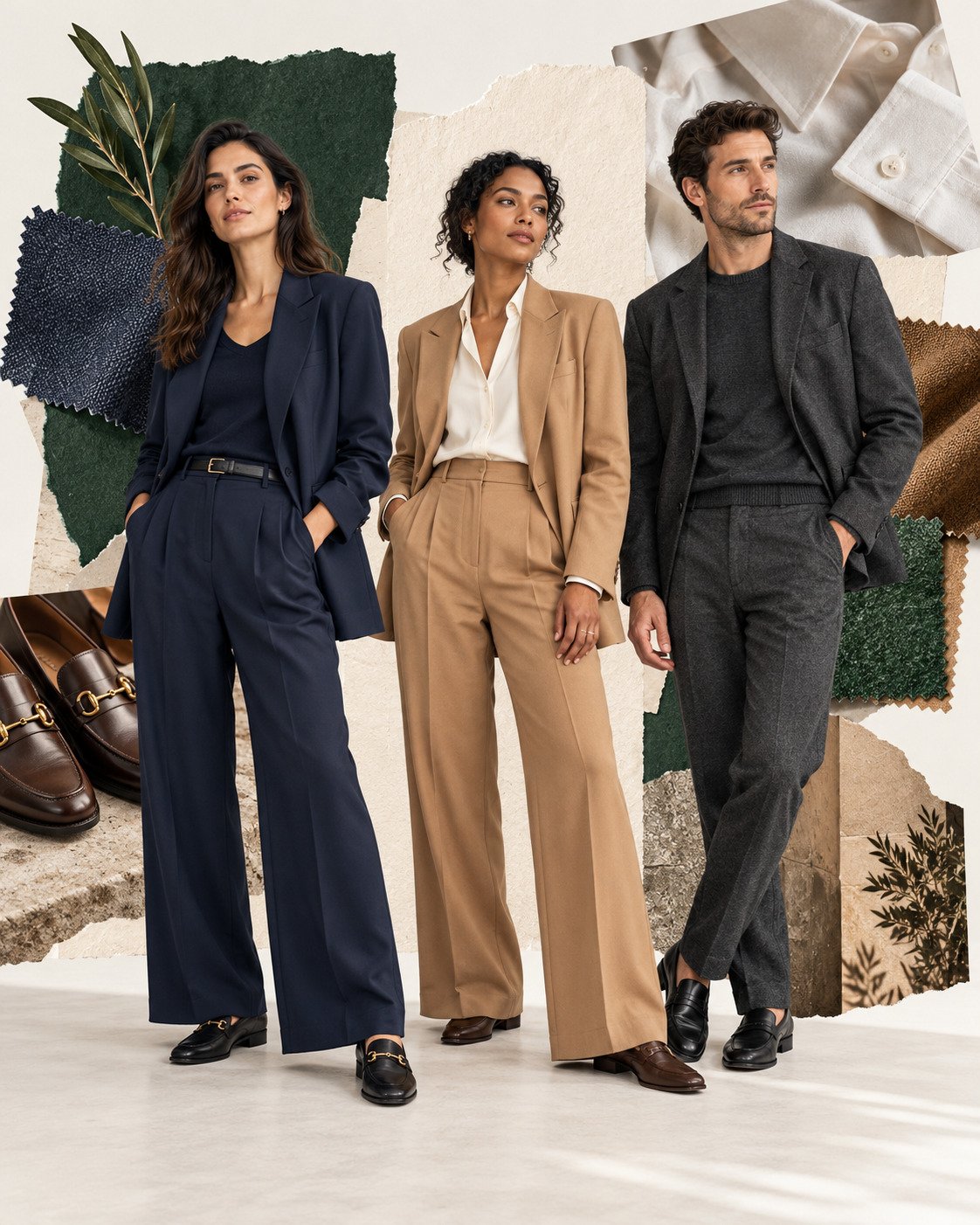 AI-generated collage of two women and a man in contemporary business tailoring, with fabric swatches and leather shoes.