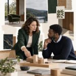 AI-generated collage of a woman and a man discussing wooden architectural forms in a bright workspace.