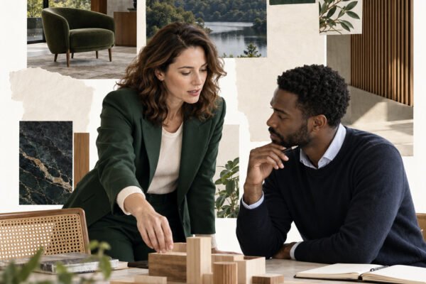 AI-generated collage of a woman and a man discussing wooden architectural forms in a bright workspace.