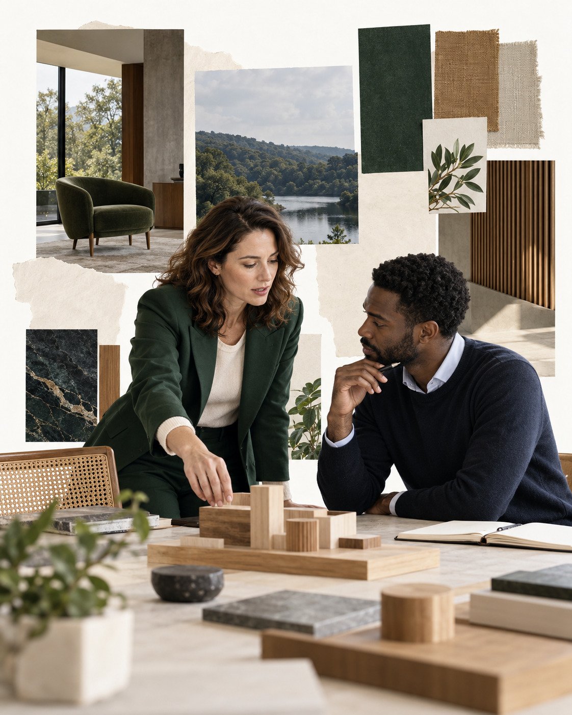 AI-generated collage of a woman and a man discussing wooden architectural forms in a bright workspace.