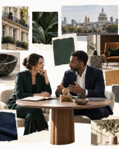AI-generated collage of a woman and a man in discussion across a round table with notebooks and balanced wooden shapes.