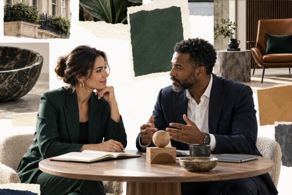 AI-generated collage of a woman and a man in discussion across a round table with notebooks and balanced wooden shapes.