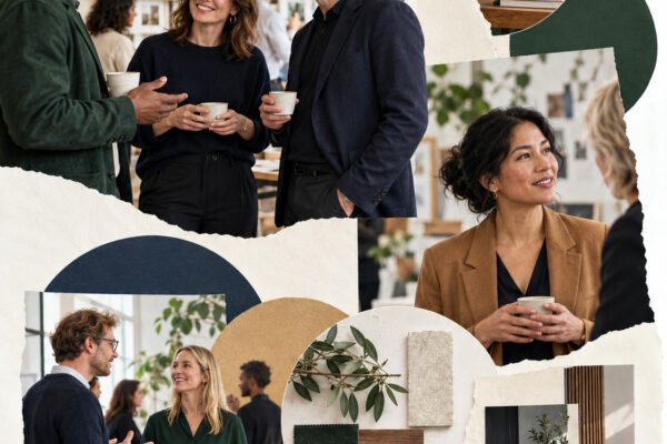 AI-generated collage of a diverse group of professionals talking at a networking event.