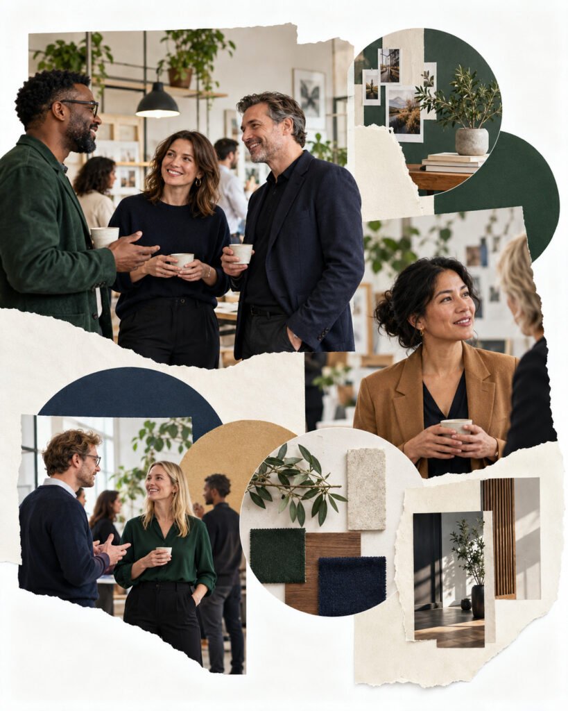 AI-generated collage of a diverse group of professionals talking at a networking event.