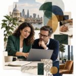 AI-generated collage of a woman and a man working at a laptop, with abstract geometric shapes.