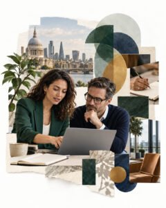 AI-generated collage of a woman and a man working at a laptop, with abstract geometric shapes.