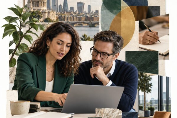AI-generated collage of a woman and a man working at a laptop, with abstract geometric shapes.