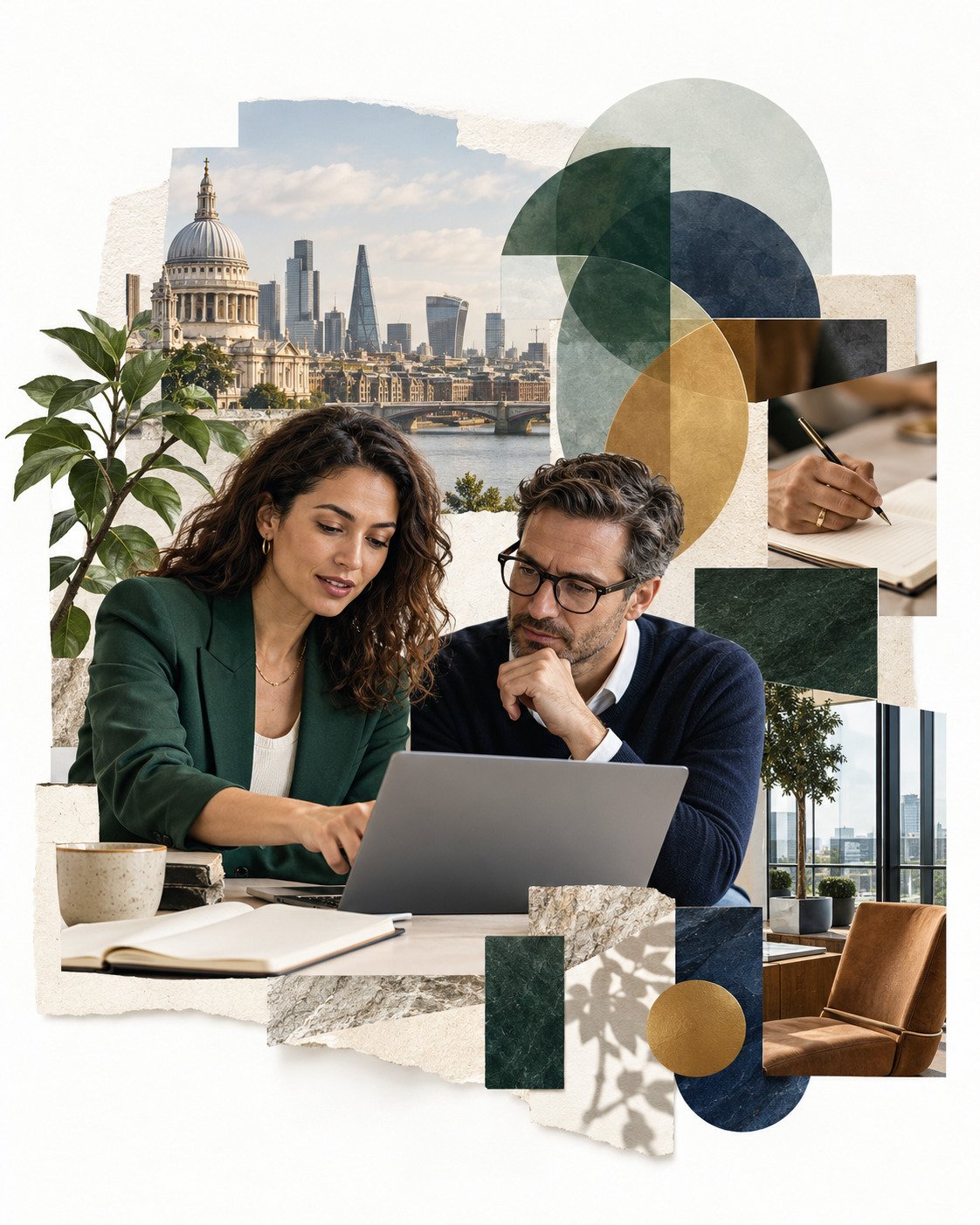 AI-generated collage of a woman and a man working at a laptop, with abstract geometric shapes.