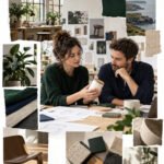 AI-generated collage of two founders reviewing a product prototype and sketches in a creative studio.