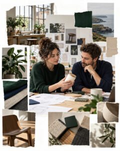 AI-generated collage of two founders reviewing a product prototype and sketches in a creative studio.
