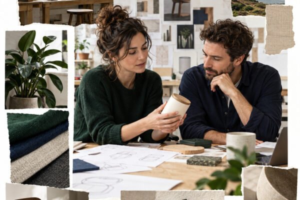 AI-generated collage of two founders reviewing a product prototype and sketches in a creative studio.