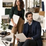 AI-generated collage of a woman and a man with portfolio sheets in a contemporary workspace.
