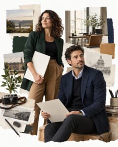 AI-generated collage of a woman and a man with portfolio sheets in a contemporary workspace.