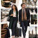 AI-generated collage of a woman and a man travelling with compact luggage in a British railway station.