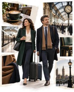 AI-generated collage of a woman and a man travelling with compact luggage in a British railway station.