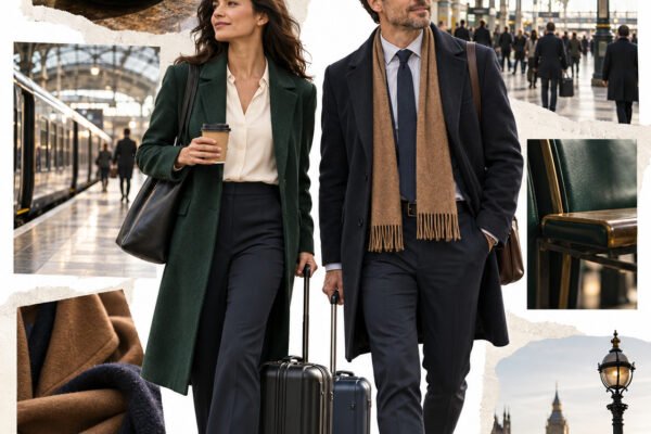 AI-generated collage of a woman and a man travelling with compact luggage in a British railway station.