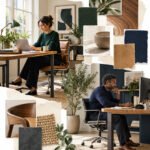 AI-generated collage of two professionals working at separate desks in a bright studio office.