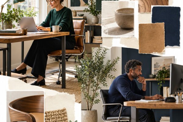 AI-generated collage of two professionals working at separate desks in a bright studio office.