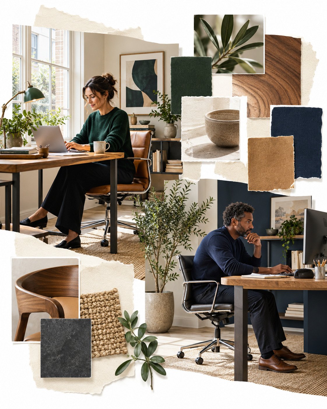 AI-generated collage of two professionals working at separate desks in a bright studio office.