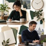 AI-generated collage of a woman writing and a man working at a laptop, with a clock and blank notebook.