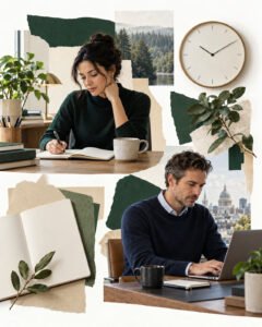AI-generated collage of a woman writing and a man working at a laptop, with a clock and blank notebook.