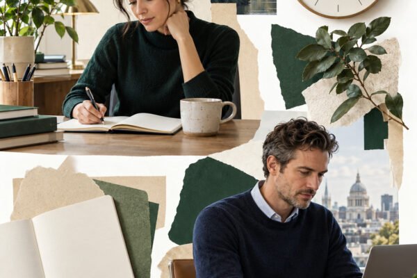 AI-generated collage of a woman writing and a man working at a laptop, with a clock and blank notebook.