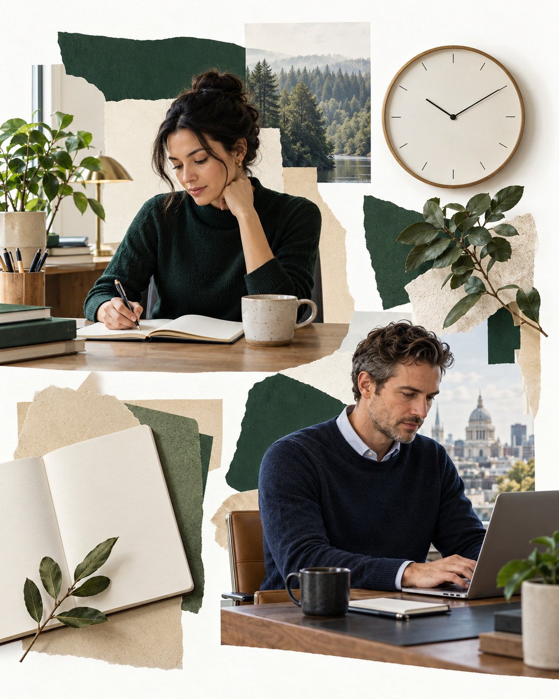 AI-generated collage of a woman writing and a man working at a laptop, with a clock and blank notebook.