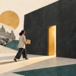 AI-generated editorial collage of a woman entrepreneur approaching a golden doorway in a charcoal wall, illustrating the first customer.