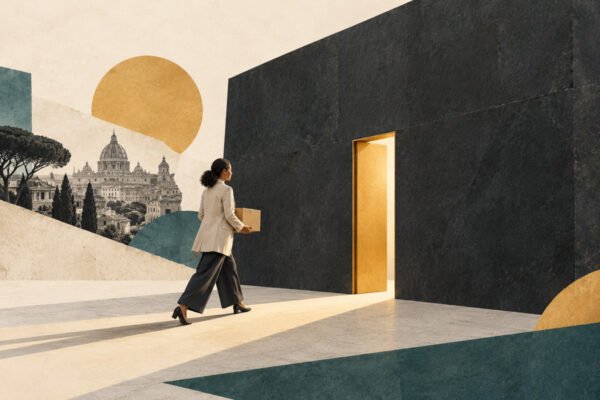AI-generated editorial collage of a woman entrepreneur approaching a golden doorway in a charcoal wall, illustrating the first customer.