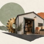 AI-generated collage of an overlooked industrial workshop, parcels and a brass cog.