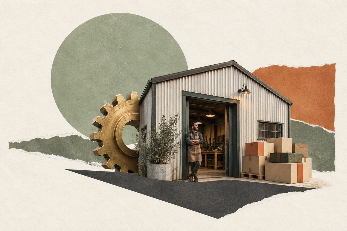 AI-generated collage of an overlooked industrial workshop, parcels and a brass cog.