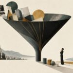 AI-generated collage of a large funnel with work blocks waiting above a narrow opening, illustrating a founder bottleneck.