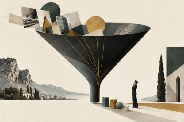 AI-generated collage of a large funnel with work blocks waiting above a narrow opening, illustrating a founder bottleneck.