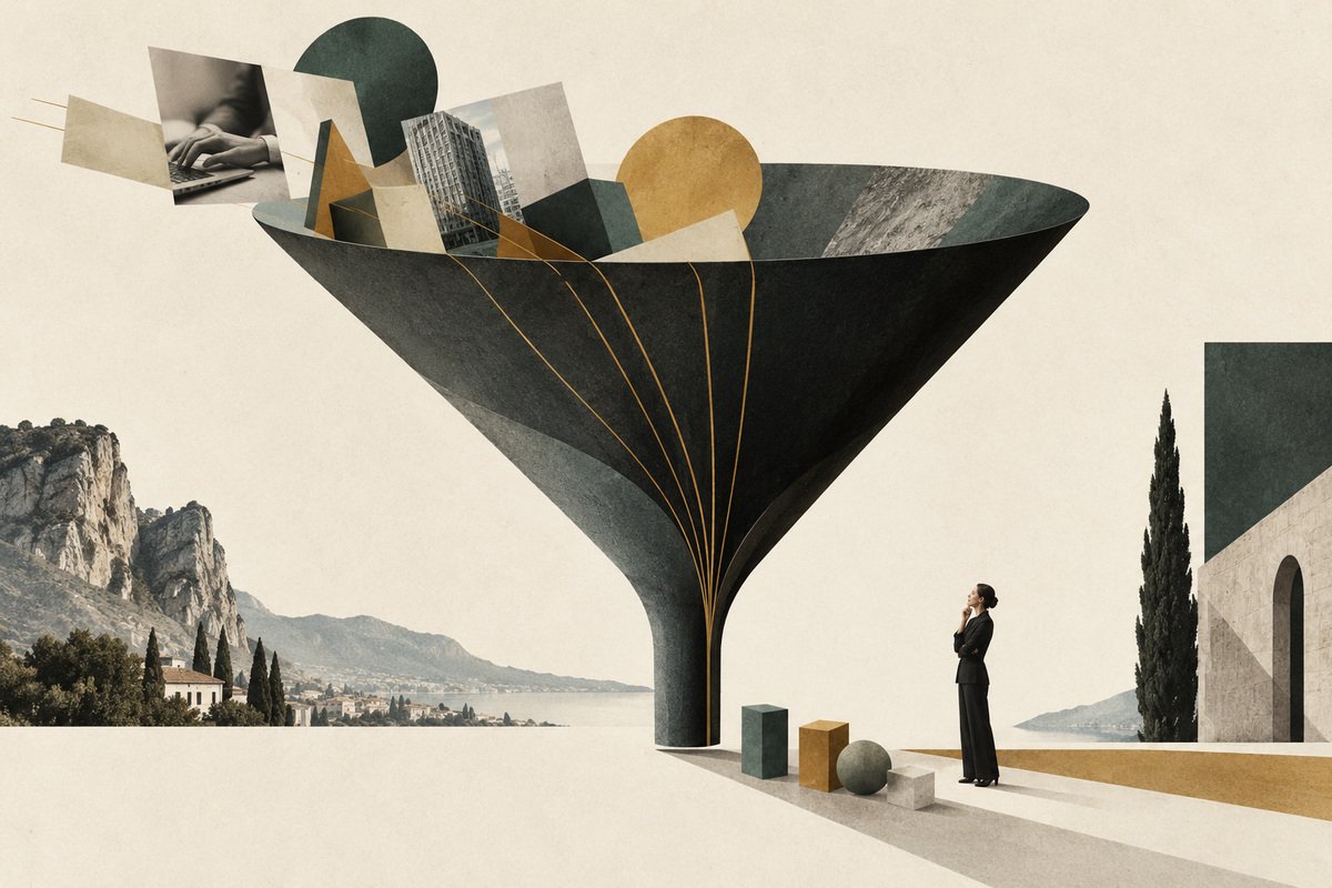 AI-generated collage of a large funnel with work blocks waiting above a narrow opening, illustrating a founder bottleneck.