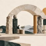 AI-generated collage of a stone arch supported by separate pillars and a team working independently.