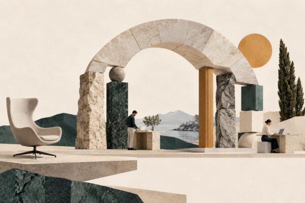 AI-generated collage of a stone arch supported by separate pillars and a team working independently.