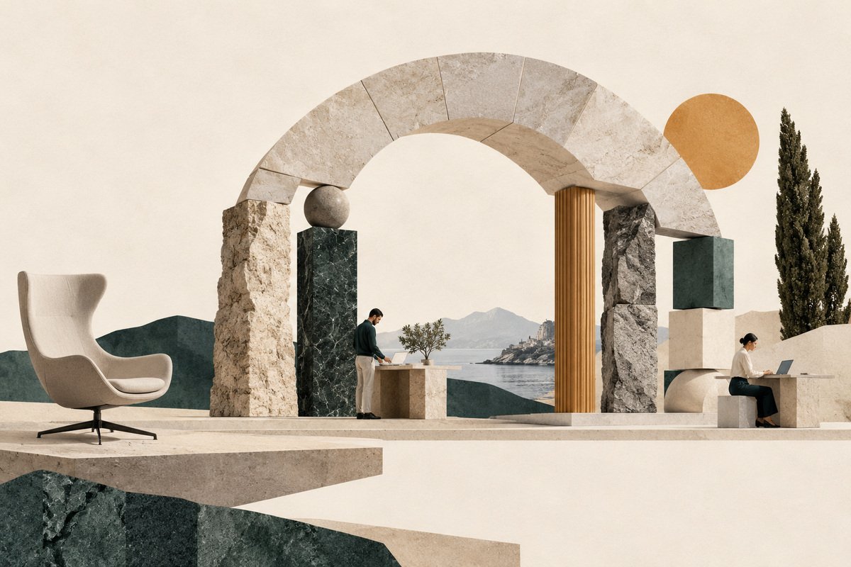 AI-generated collage of a stone arch supported by separate pillars and a team working independently.