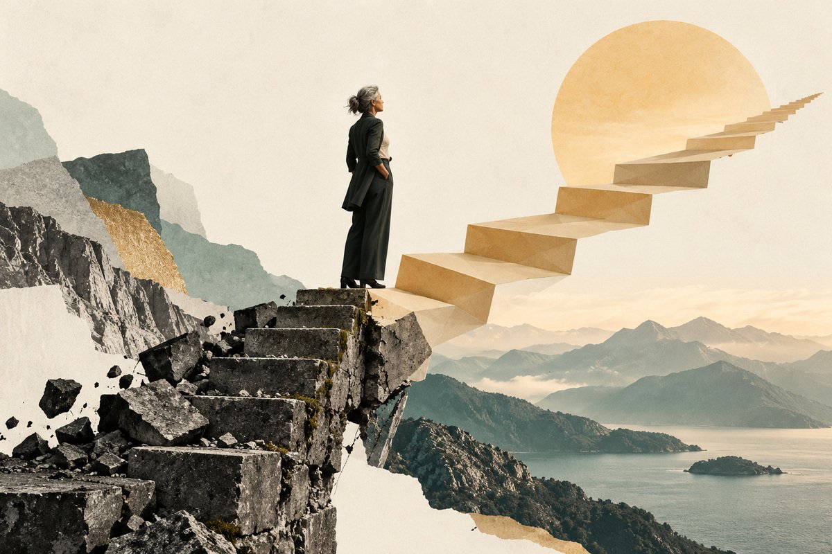 AI-generated collage of a woman beside a broken stone staircase and new golden steps, illustrating starting again.