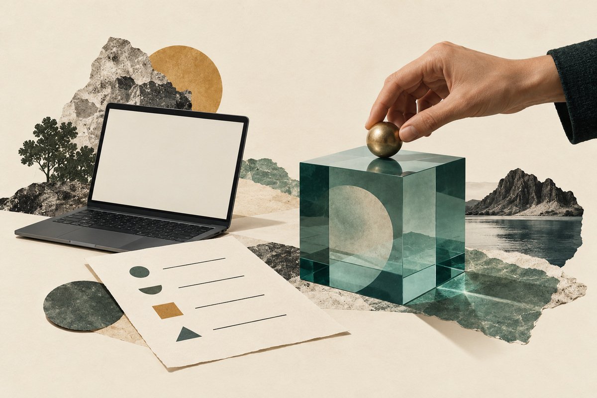 AI-generated collage of a laptop, abstract checklist, translucent cube and a human hand, illustrating an AI workplace trial.
