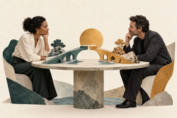 AI-generated collage of two business partners talking across a table with connecting paper bridges.