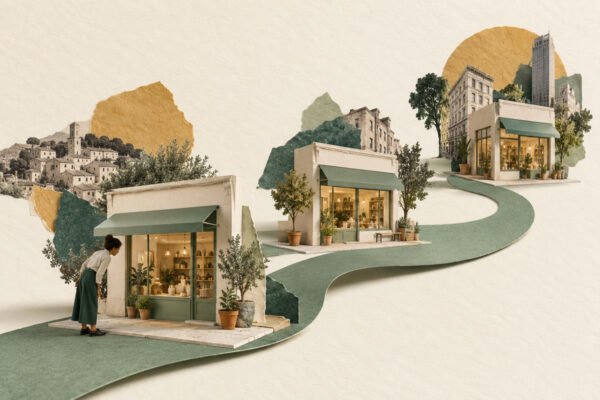 AI-generated collage of independent shop models connected by a curved paper path, illustrating brand expansion.