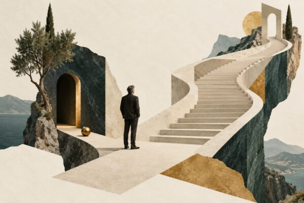 AI-generated collage of a founder considering a quiet doorway and a branching staircase, illustrating a growth decision.